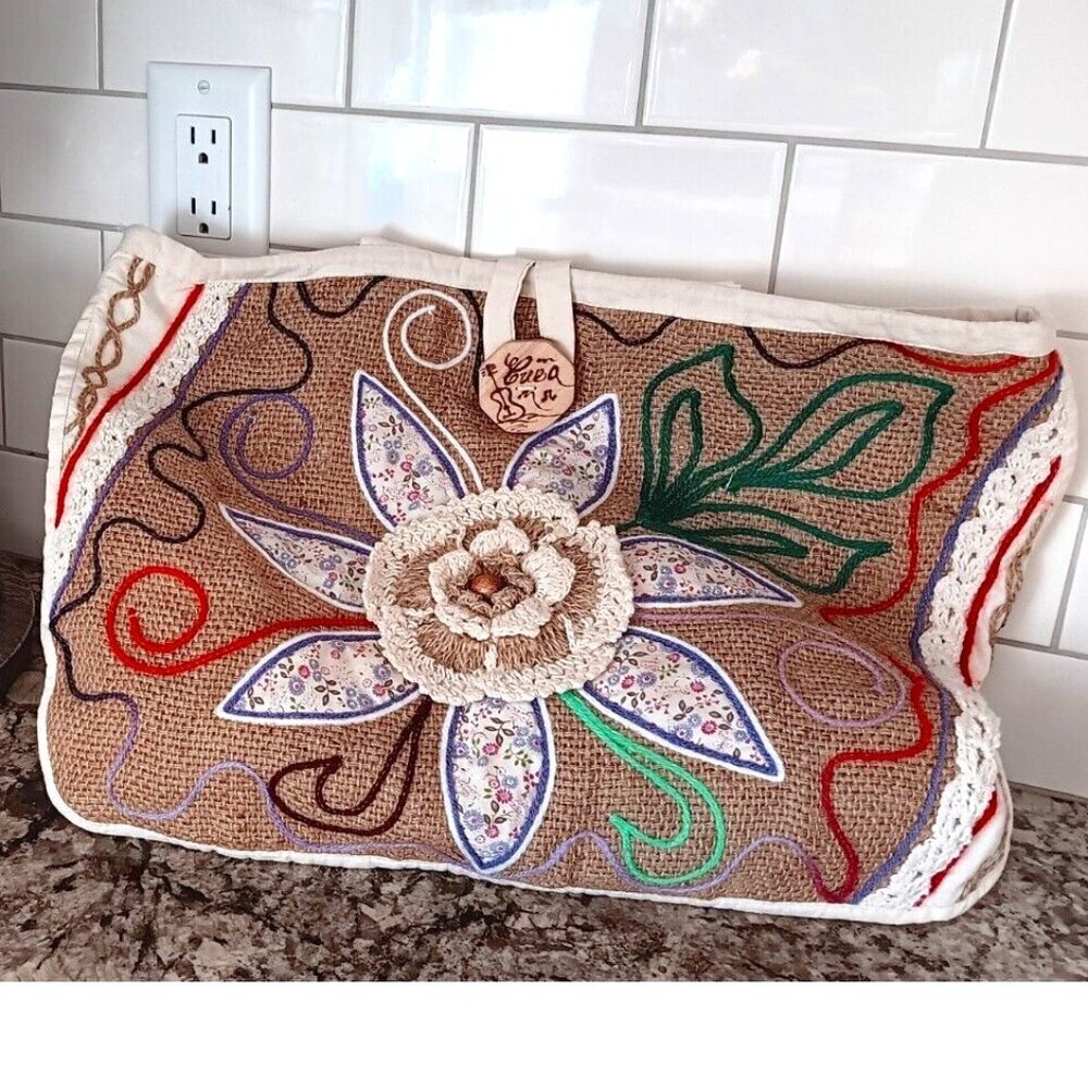 Large Tote Handbag With Gorgeous Hand Flower Stitching Design. See Photos